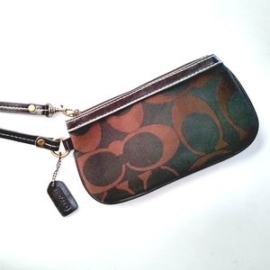 Coach brown wristlet wallet fabric and leather